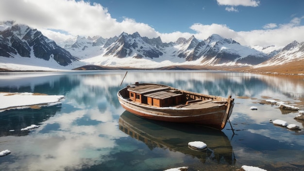 Eingebettet in die Natur ruht ein Holzboot auf einem ruhigen Bergsee