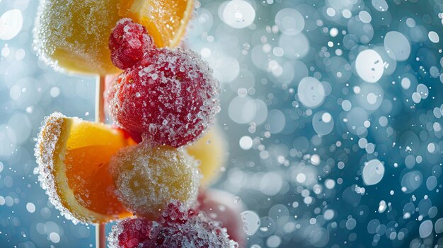 Eingefrorene Früchte und Beeren in Supermarktvitrinen Hintergrundkonzept