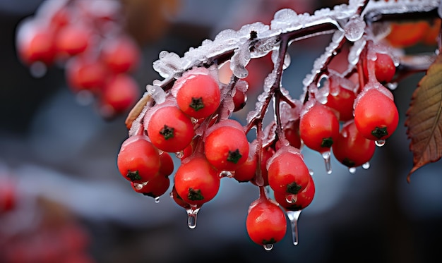 Eingefrorene rote Beeren auf einem Zweig auf einem verschwommenen Hintergrund Selektiver weicher Fokus