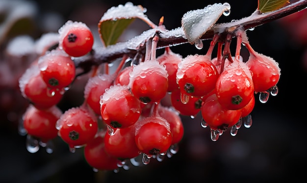 Eingefrorene rote Beeren auf einem Zweig auf einem verschwommenen Hintergrund Selektiver weicher Fokus