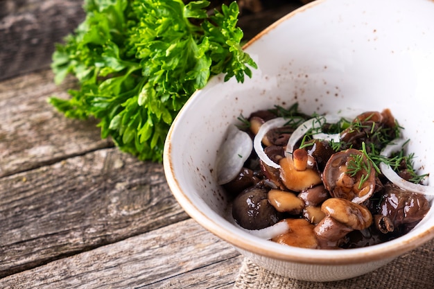 Eingelegte Champignons mit Zwiebel in einer Schüssel. Platz kopieren