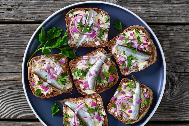 Eingelegte Sprotte Roggenbrot offene Sandwiches Draufsicht