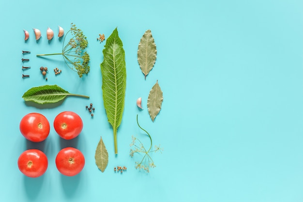 Eingelegte Tomaten. Zutaten für marinierte Tomaten und Glas. Konzept kulinarische Rezeptbewahrung