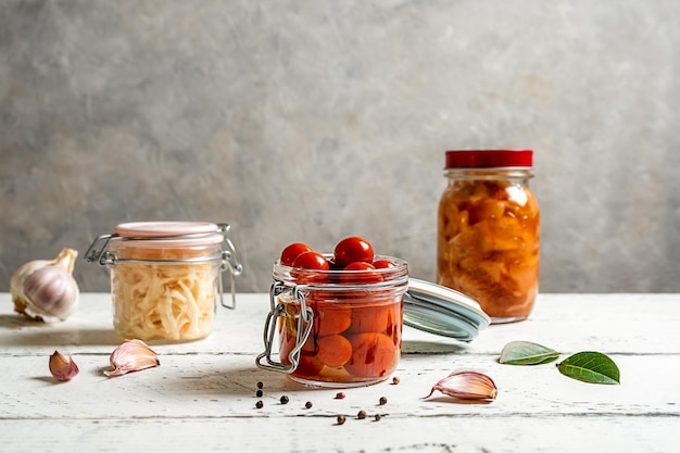 Eingelegter Tomaten-Kimchi-Kohl mit Knoblauchöl-Pfeffer und Lorbeerblättern Kopieren Sie Platz