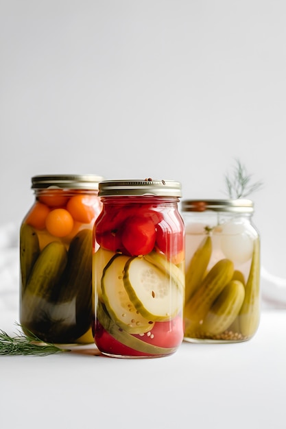 Foto eingemachte gurken und tomaten in gläsern auf weißem hintergrund. ki-generierte gurken