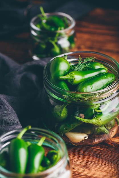 Eingemachte Jalapeno-Paprikaschoten, Knoblauch und Dill in Gläsern