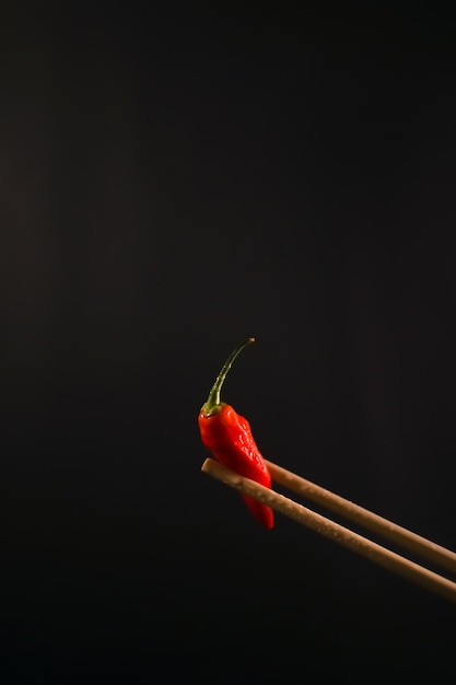 eingespannter Chili mit Stäbchen auf schwarzem Hintergrund