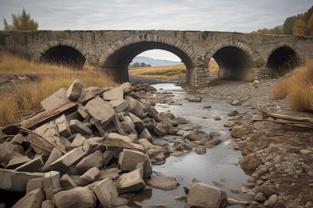 Foto eingestürzte steinbrücke über einen ausgetrockneten fluss, erstellt mit generativer ki