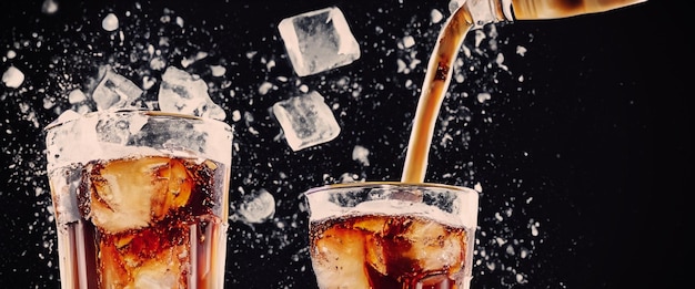 Eingießen von Cola und Eis Cola-Soda und Eis, das spritzt, zischt oder an die Oberfläche schwimmt
