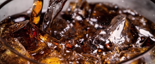 Eingießen von Cola und Eis Cola-Soda und Eis, das spritzt, zischt oder an die Oberfläche schwimmt