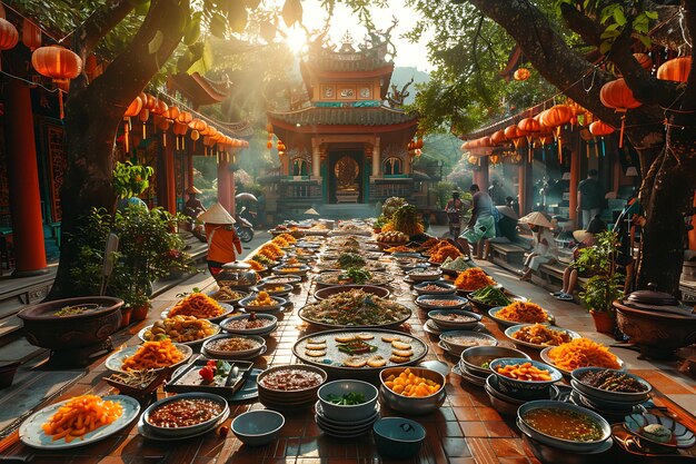 Foto einheimische feiern ein picknick in einem bunten thailändischen tempel mit p-nachbarn-ferienaktivitäten im hintergrund