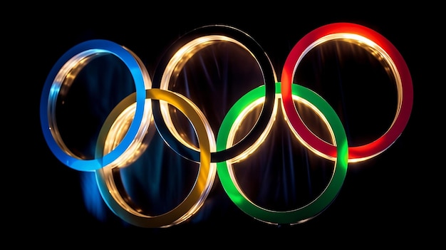 Einheit in Vielfalt Olympische Ringe leuchten auf schwarzem Hintergrund