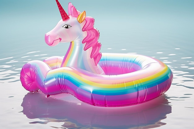 Einhorn, das mit einer regenbogenfarbenen Mähne im Wasser schwimmt.