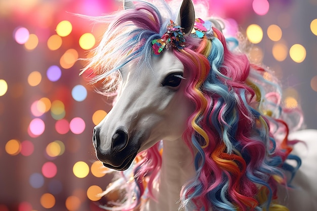 Einhorn, ein Fabelwesen, das Tugend symbolisiert, ein Pferd mit einem Horn, Regenbogen, märchenhaft, glänzender Schwanz, Mähne, Pony, weiß, wunderschön, süß, magischer Tiermythos