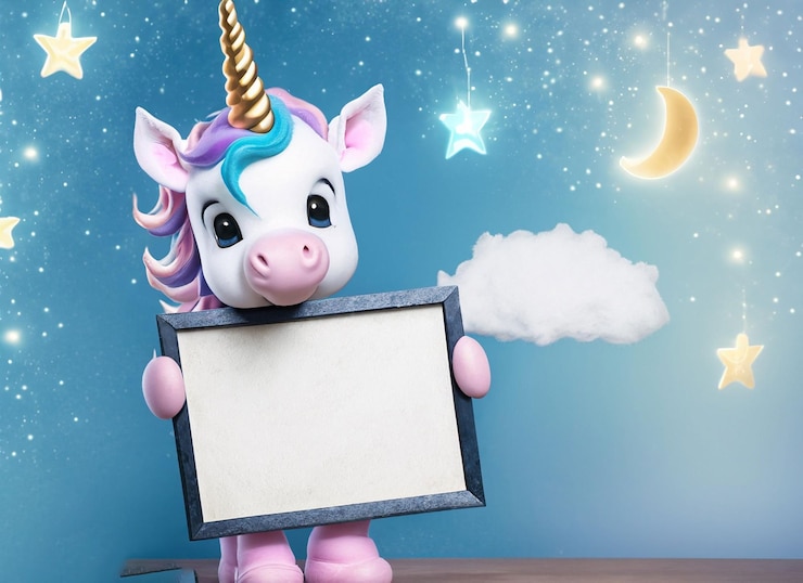 Foto einhorn hält kreidetafel