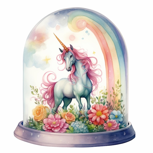 Einhorn in einer Glaskuppel mit Blumen und Regenbogen