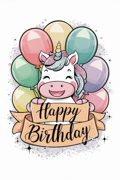 Einhorn mit Ballons und Happy Birthday Banner