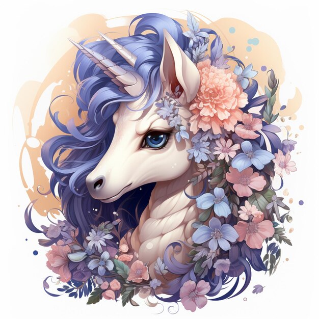 Einhorn mit blauem Haar und Blumen in einem Kreis generativ ai