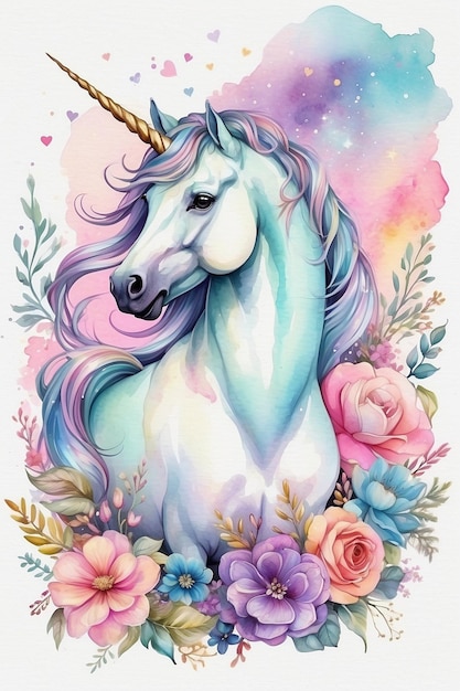 Einhorn mit Blumen Aquarellillustration für Ihr Design