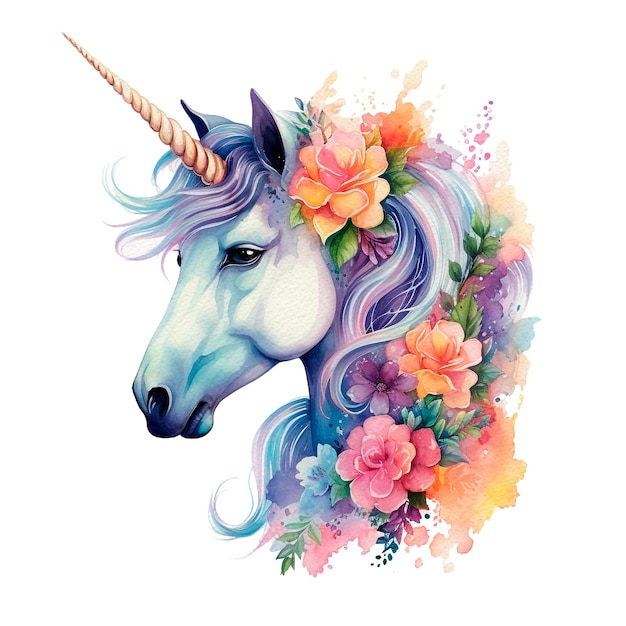 Foto einhorn mit blumenkrans weißes pferd aquarell illustrationsvorlage clip art