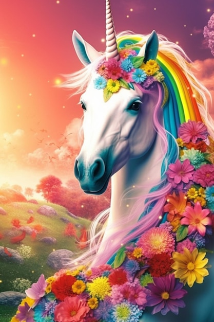 Foto einhorn mit regenbogenmähne und blumen auf dem kopf