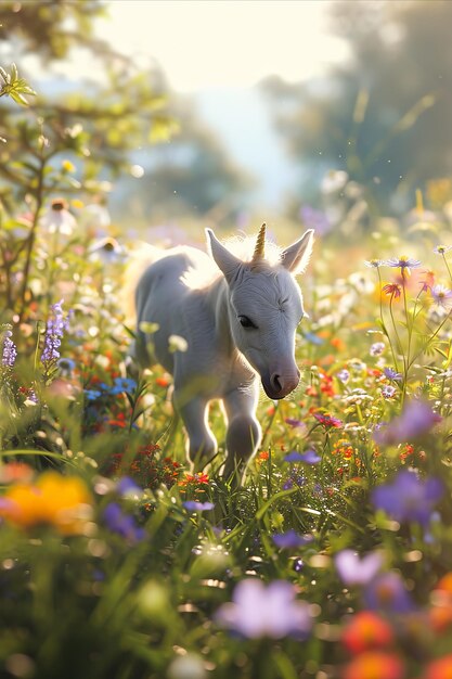 Einhornfohlen auf einem Feld mit bunten Wildblumen