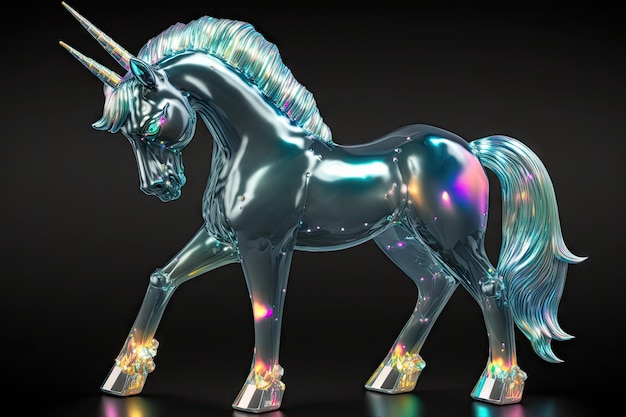 Einhornmodell in schillerndem majestätischem Hologramm isoliert auf schwarzem Hintergrund