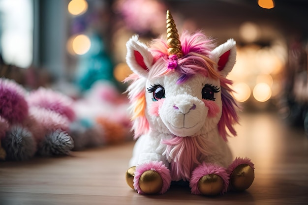 Einhornpuppe auf Holzboden und Bokeh-Hintergrund