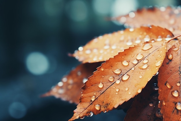 Einige herbstlich gelbe Blätter an einem regnerischen Tag mit Wassertropfen darauf