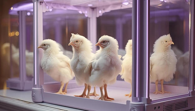 einige Hühner sitzen in einem Käfig im Stil von hellgelb und beige