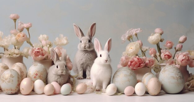einige Kaninchen vor Ostereiern