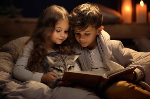 Einige Kinder lesen nachts vor der Lampe Bücher