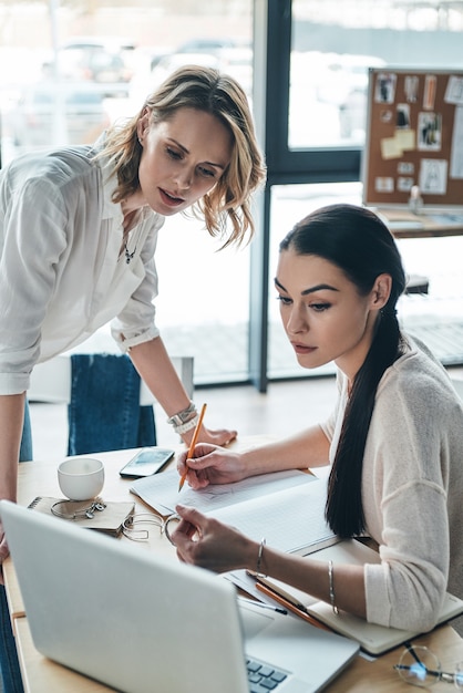 Einige Konzepte durcharbeiten. Schöne junge Frauen arbeiten zusammen