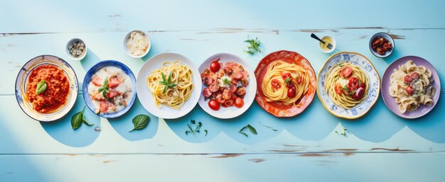 einige Pasta-Gerichte auf Tisch in Weiß und Grau