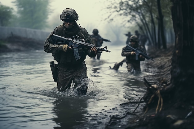 Einige Soldaten gehen durch das Wasser