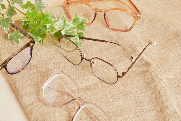 Einige stilvolle Brillen und Pflanzenblätter auf Leinenstoff