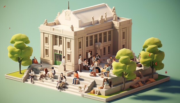 Einige Studenten sitzen im Universitätssaal. Cartoon-Ästhetik, 3D-Cartoon, minimalistisch