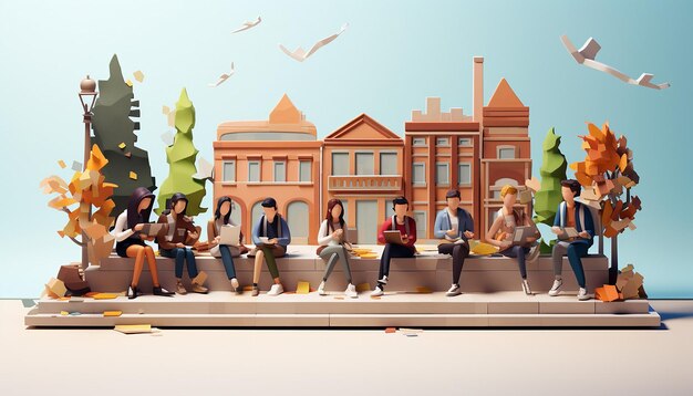 Einige Studenten sitzen im Universitätssaal. Cartoon-Ästhetik, 3D-Cartoon, minimalistisch