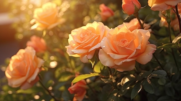 Einige wunderschöne orangefarbene Rosen im Garten im Sonnenlicht