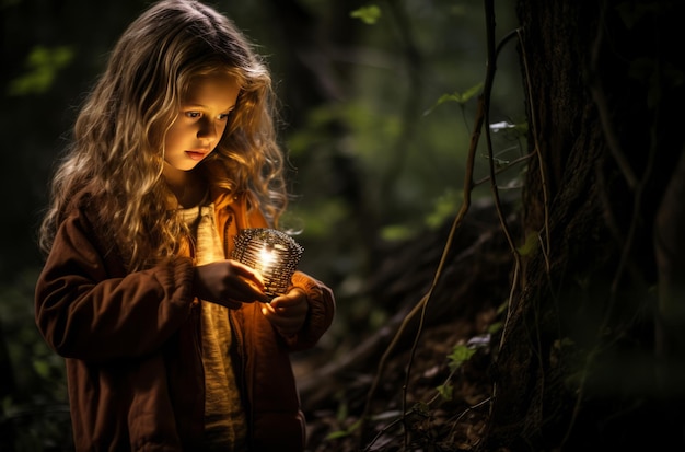 Foto einjähriges mädchen im nächtlichen wald verloren