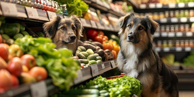 Einkaufen für gesundes Essen für Ihren Hund in einem Tierfreundlichen Lebensmittelgeschäft mit farbenfrohem Produktkonzept Tierfreundliche Geschäfte gesundes Hundefutter farbenfrohe Produkte Tiernahrung Lebensmittel für Haustiere