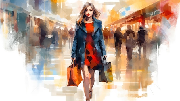 Einkaufen im Einkaufszentrum Schwarzer Freitag Frau mit Taschen in Aquarell Illustration