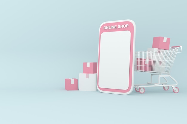 Einkaufen online 3D-Rendering auf mobilem Hintergrund für Marketingkonzept