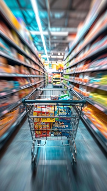 Einkaufserlebnis Verschwommener Einkaufswagen in einem belebten Supermarkt-Kaufhaus Vertical Mobile Wal