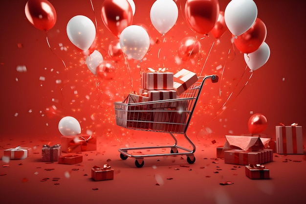 Einkaufskonzept verschiedene Geschenke Supermarkt Wagen viele Geschenkkisten Werbung Supermarkt