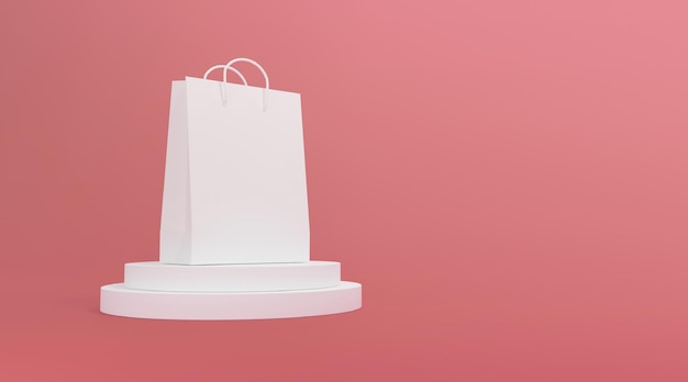 Foto einkaufstasche auf plattformausstellung im rosa studiohintergrund. 3d-rendering.