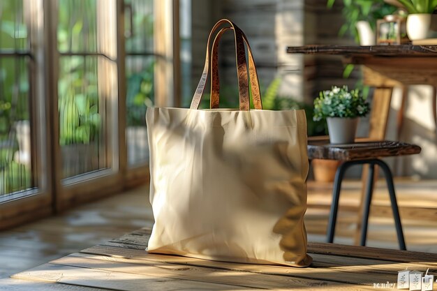Einkaufstasche aus Leinwand auf einem Holztisch mit Pflanzen