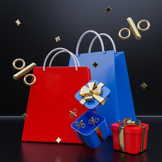 Einkaufstasche aus Papier mit Prozent-Symbol 3D-Rendering Konzept des Black Friday