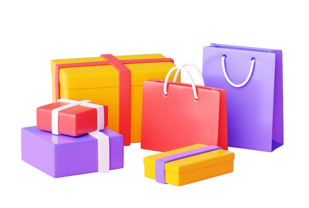 Foto einkaufstasche und kartonstapel 3d-rendergruppe verschiedener shop- und geschenkpapierpackungen