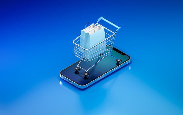 Einkaufstaschen in einem Trolley aus Handy- oder Smartphone-Shopping Online-Website-Vorlage Mobile Store-Anwendungskonzept Marketing und digitales Marketing 3D-Rendering